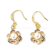 Natural Pearl Beaded Flower Dangle Earrings with Cubic Zirconia, Rack Plating Brass for Women, Golden, 32mm, Pin: 0.8mm(EJEW-B017-13G)