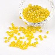 6/0 Transparent Rainbow Colours Round Glass Seed Beads, Yellow, Size: about 4mm in diameter, hole:1.5mm, about 495pcs/50g(X-SEED-A007-4mm-170)