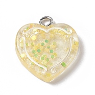 Transparent Resin Pendants, with Platinum Tone Iron Loops, Heart Charm with Glitter Powder and Paillette, Yellow, 20x17.6x3.5mm, Hole: 2mm(RESI-C029-01A)