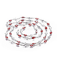 304 Stainless Steel Enamel Chains, Soldered, Cross and Oval Evil Eye, Stainless Steel Color, Red, 13.5x5x1mm(CHS-P006-03P-03)