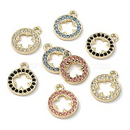 Golden Rack Plating Alloy Rhinestone Pendants, Nickel Free, Flat Round with Flower Charm, Mixed Color, 17x14x2mm, Hole: 1.8mm(PALLOY-F308-20G)