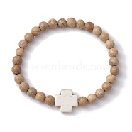 6mm Round Wood Beaded Stretch Bracelets, Cross Synthetic Turquoise Bracelets for Women, Camel, Inner Diameter: 2-1/4 inch(5.85cm), Bead: 6mm(BJEW-JB10312-02)