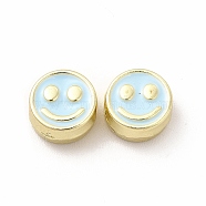 Rack Plating Alloy Enamel Beads, Cadmium Free & Nickel Free & Lead Free, Flat Round with Smiling Face Pattern, Light Gold, Light Cyan, 7.5x4mm, Hole: 2mm(FIND-G051-01LG-05)