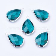 Silver Color Plated Brass Glass Teardrop Pendants, Faceted, Teal, 18x10x5mm, Hole: 2mm(X-GLAA-M006-A-03S)
