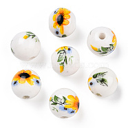 Handmade Porcelain Beads, Round with Sunflower Pattern, White, 12mm, Hole: 2mm(PORC-E021-01D)