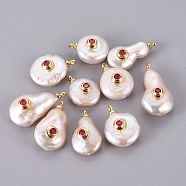 Natural Cultured Freshwater Pearl Pendants, with Brass Micro Pave Cubic Zirconia Cabochons, Long-Lasting Plated, Real 18K Gold Plated, Hot Pink, 16~22.5x10~14mm, Hole: 1.4mm(PEAR-F008-31G-06)