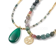 Natural Moss Agate Necklaces Sets for Women, included Brass Micro Pave Clear Cubic Zirconia Snake Charms/Teardrop Pendants, with Synthetic Hematite Beads and 304 Stainless Steel Lobster Claw Clasps, 15.31~18.90 inch(38.9~48cm), 2pcs/set(NJEW-JN03987)