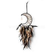 Natural Fluorite Chips Beaded Moon with Feather Pendant Decorations, for Garden Home Ornament, Black, 740mm(HJEW-M004-08)