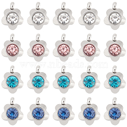 DICOSMETIC 40Pcs 4 Colors 304 Stainless Steel Rhinestone Flower Charm Pendants, Grade A, Faceted, Mixed Color, 9x7x4mm, Hole: 1mm, 10pcs/color(STAS-DC0011-41)