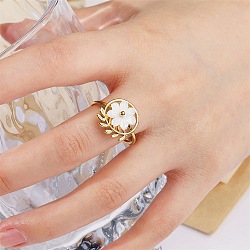 Adjustable 304 Stainless Steel Cuff Open Rings, Flower with Leaf, with Resin, Golden, US Size 7 1/4(17.5mm)(RJEW-D352-01G)
