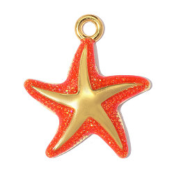 304 Stainless Steel with Red Enamel Pendants, Ion Plating(IP), Starfish Charms, Hand Polished, Real 18K Gold Plated, 21x18mm, Hole: 2.5mm(SA-OY003-38G)