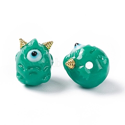 Halloween Opaque Resin Beads, with Golden Tone Alloy Horns, Single-Eye Monster, Light Sea Green, 13x10.5x12mm, Hole: 1.8mm(RESI-F033-01A)