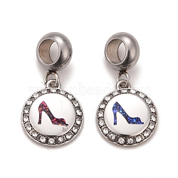 304 Stainless Steel Crystal Rhinestone European Dangle Charms, Large Hole Pendants, with Enamel and Fluorescence Slice, Stainless Steel Color, Flat Round with High Heeled Shoes, Mixed Color, 24mm, Hole: 4.5mm(STAS-F278-26P)