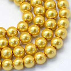 Baking Painted Pearlized Glass Pearl Round Bead Strands, Gold, 4~5mm, Hole: 1mm, about 210pcs/strand, 31.4 inch(X-HY-Q003-4mm-31)