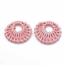 Handmade Spray Painted Reed Cane/Rattan Woven Pendants, For Making Straw Earrings and Necklaces, Dyed, Pearlized Effect, Flat Round, Flamingo, 39~43x5~5.5mm, inner diameter: 12~13mm(X-WOVE-N007-03D)