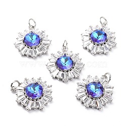 Brass Micro Pave Cubic Zirconia Pendants, Long-Lasting Plated, Real 18K Gold Plated with Glass, Snowflake, Royal Blue, 21.2x17.5x6.7mm, Hole: 3.6mm(ZIRC-O044-21E-P)