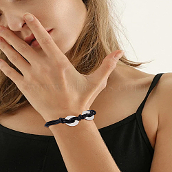 1Pc PU Leather Cord Bracelets, with Stainless Steel Flat Round Charm, Black, 8-1/2 inch(21.5cm)(BJEW-LP0003-53)