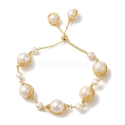 Natural Pearl Links Silder Bracelets, Brass Wire Wrapped Bracelet, Real 14K Gold Plated, Inner Diameter: 2-1/4~2-7/8 inch(5.6~7.4cm) (BJEW-C051-54G)