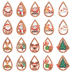 20Pcs 10 Styles Christmas Theme Wood Big Pendants, Single Face Printed Teardrop Charms, Teardrop, 54~55x34~44.5x2.5~3mm, Hole: 1.6~1.8mm, 2pcs/style(WOOD-TA0001-92)