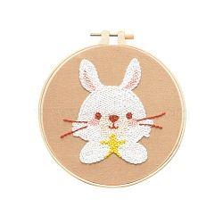 Animal Theme DIY Display Decoration Punch Embroidery Beginner Kit, Including Punch Pen, Needles & Yarn, Cotton Fabric, Threader, Plastic Embroidery Hoop, Instruction Sheet, Rabbit, 155x155mm(SENE-PW0003-073N)