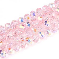 Transparent Glass Beads Strands, Rondelle, Half Plated, AB Color Plated, Faceted, Pink, 6~6.5x5~5.5mm, Hole: 1mm, about 82~83pcs/strand, 16.14~16.34 inch(41~41.5cm)(X-EGLA-N016-6mm-04)