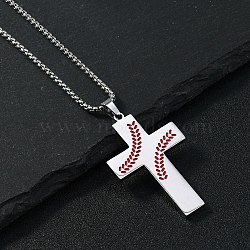 201 Stainless Steel Wheat Cross Pendant Box Chain Necklaces for Women Men, Stainless Steel Color, 23.82 inch(60.5cm)(NJEW-B124-01P)