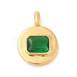 Brass with Cubic Zirconia Pendants, Real 16K Gold Plated, Flat Round Charm, Green, 20.5x15x4mm, Hole: 4x2.5mm(KK-K339-01G-01)