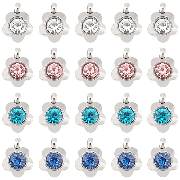 40Pcs 4 Colors 304 Stainless Steel Rhinestone Flower Charm Pendants, Grade A, Faceted, Mixed Color, 9x7x4mm, Hole: 1mm, 10pcs/color