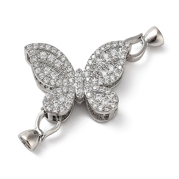 Brass Flod Over Clasps, with Clear Cubic Zirconia, Butterfly, Platinum, 20x28x8.5mm