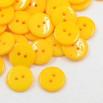 Acrylic Sewing Buttons, Plastic Buttons for Costume Design, 2-Hole, Dyed, Flat Round, Gold, 15x2mm, Hole: 1mm
