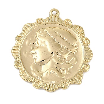 Brass Pendants, Round with Portrait Charms, Real 18K Gold Plated, 31x28x3mm, Hole: 1.2mm