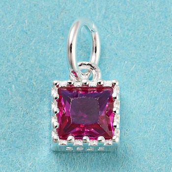 925 Sterling Silver Charms, with Cubic Zirconia, Faceted Square, Silver, Medium Violet Red, 7x5x3mm, Hole: 3mm