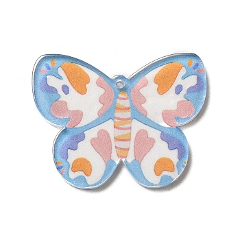 Printed Acrylic Pendants, Butterfly, Deep Sky Blue, 27x35x2mm, Hole: 1.6mm