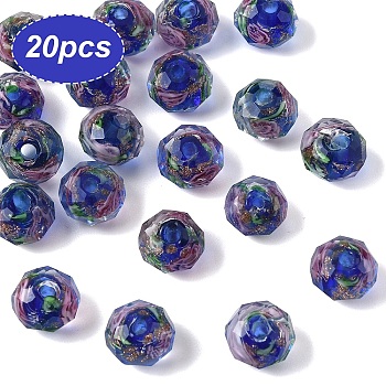 20Pcs Handmade Gold Sand Lampwork Beads, Inner Flower, Faceted Rondelle, Midnight Blue, 8x6mm, Hole: 1mm