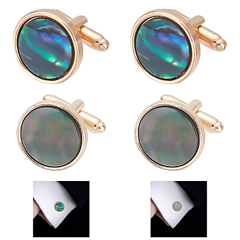 WADORN 2 Pairs 2 Colors Natural Shell Cufflinks for Men, with Alloy Findings, Flat Round, Mixed Color, 19x18mm, 1 pair/color