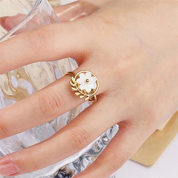 Adjustable 304 Stainless Steel Cuff Open Rings, Flower with Leaf, with Resin, Golden, US Size 7 1/4(17.5mm)