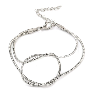 Non-Tarnish 304 Stainless Steel 2-Strand Round Snake Chain Bracelets, Stainless Steel Color, 6.38 inch(16.2cm)