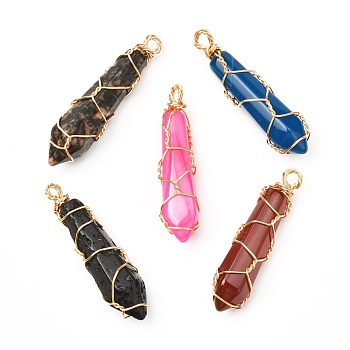 Natural Mixed Gemstone Pendants, with Real 18K Gold Plated Eco-Friendly Copper Wire, Bullet, 37~39x9~10x9~10mm, Hole: 3mm