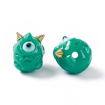 Halloween Opaque Resin Beads, with Golden Tone Alloy Horns, Single-Eye Monster, Light Sea Green, 13x10.5x12mm, Hole: 1.8mm