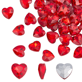 50Pcs Glass Rhinestone Cabochons, Pointed Back & Back Plated, Heart, Light Siam, 14x14x5.5mm