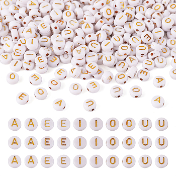 500Pcs 5 Style Plating Acrylic Beads, Golden Metal Enlaced, Flat Round with Alphabet, White, White, 7x3.5mm, Hole: 1.2mm, 100pcs/style