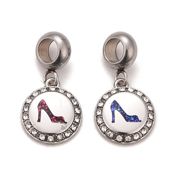 304 Stainless Steel Crystal Rhinestone European Dangle Charms, Large Hole Pendants, with Enamel and Fluorescence Slice, Stainless Steel Color, Flat Round with High Heeled Shoes, Mixed Color, 24mm, Hole: 4.5mm