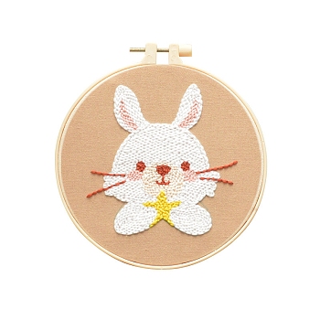 Animal Theme DIY Display Decoration Punch Embroidery Beginner Kit, Including Punch Pen, Needles & Yarn, Cotton Fabric, Threader, Plastic Embroidery Hoop, Instruction Sheet, Rabbit, 155x155mm
