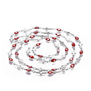 304 Stainless Steel Enamel Chains, Soldered, Cross and Oval Evil Eye, Stainless Steel Color, Red, 13.5x5x1mm