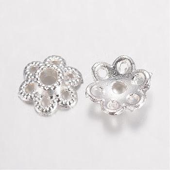 Alloy Bead Caps, Hollow 6-Petal Flower, Silver Color Plated, 6.5x2mm, Hole: 1mm