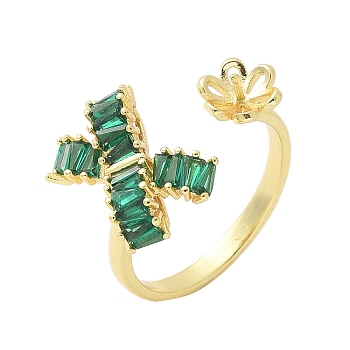 Bowknot & Flower Brass Micro Pave Cubic Zirconia Cuff Ring Settings, for Half Drilled Beads, Rack Plating, Long-Lasting Plated, Lead Free & Cadmium Free, Golden, Inner Diameter: 18mm, Tray: 7x7mm, Pin: 3x0.8mm
