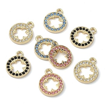 Golden Rack Plating Alloy Rhinestone Pendants, Nickel Free, Flat Round with Flower Charm, Mixed Color, 17x14x2mm, Hole: 1.8mm