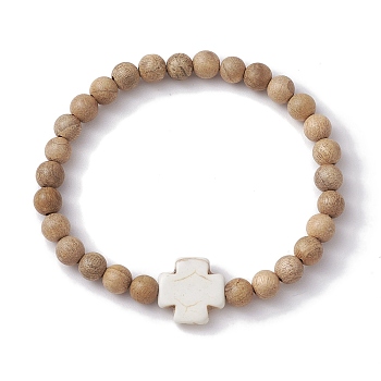 6mm Round Wood Beaded Stretch Bracelets, Cross Synthetic Turquoise Bracelets for Women, Camel, Inner Diameter: 2-1/4 inch(5.85cm), Bead: 6mm