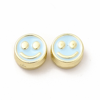 Rack Plating Alloy Enamel Beads, Cadmium Free & Nickel Free & Lead Free, Flat Round with Smiling Face Pattern, Light Gold, Light Cyan, 7.5x4mm, Hole: 2mm
