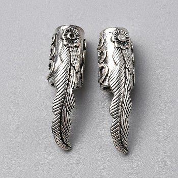 Alloy Closed Cover Clasp Head, End Caps for Wooden Bracelet, Flower with Feather, Antique Silver, 36x11x11mm, Hole: 8.2mm
